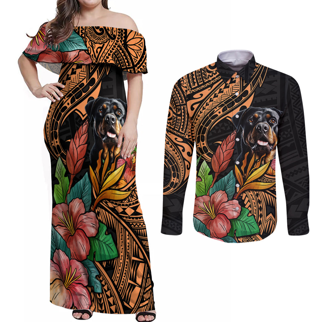 Polynesian Rottweiler Couples Matching Off Shoulder Maxi Dress and Long Sleeve Button Shirts Polynesian Pattern And Rottweiler TS04 Black - Polynesian Pride