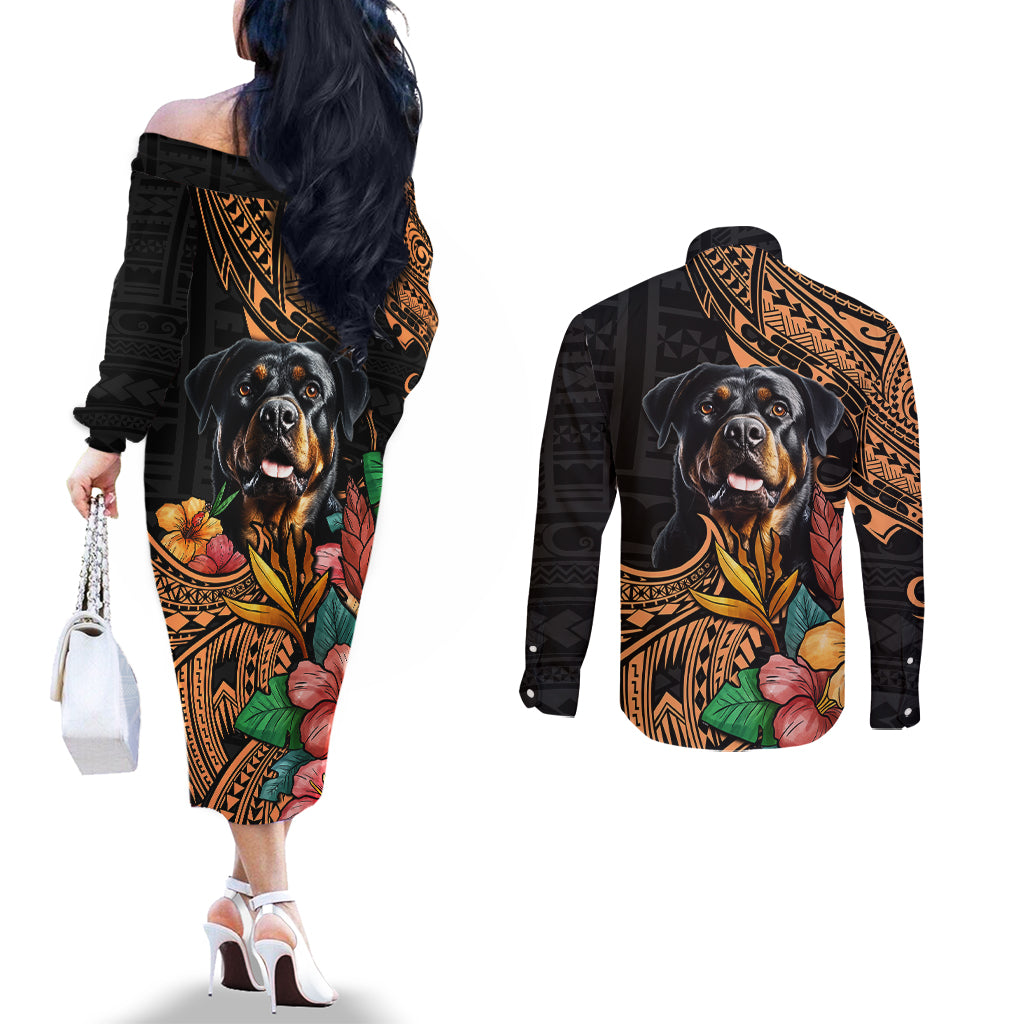 Polynesian Rottweiler Couples Matching Off The Shoulder Long Sleeve Dress and Long Sleeve Button Shirts Polynesian Pattern And Rottweiler TS04 - Polynesian Pride