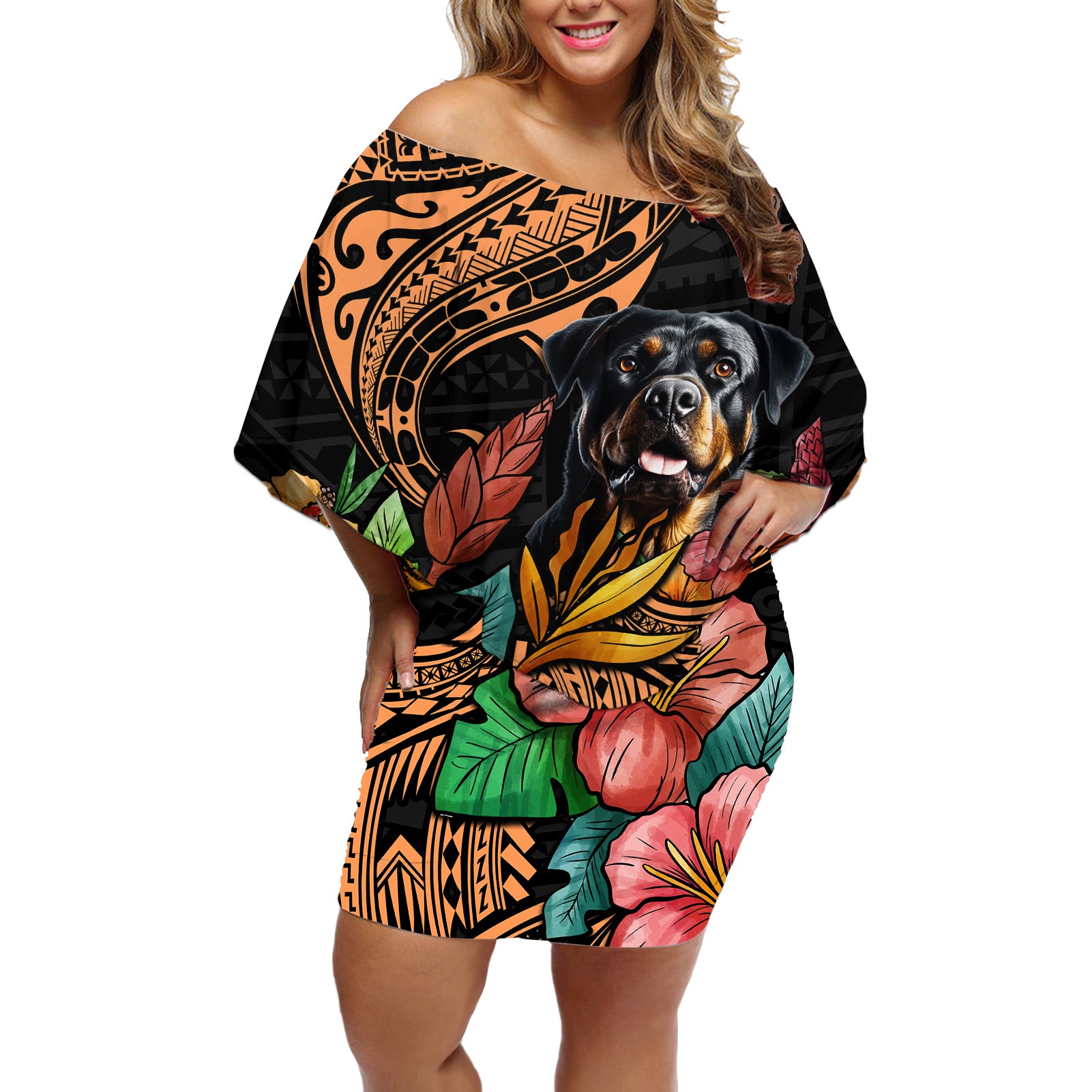 Polynesian Rottweiler Off Shoulder Short Dress Polynesian Pattern And Rottweiler TS04 Women Black - Polynesian Pride