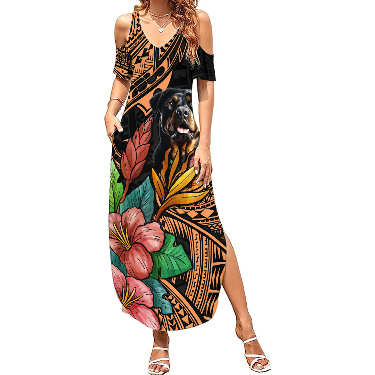 Polynesian Rottweiler Summer Maxi Dress Polynesian Pattern And Rottweiler TS04 Women Black - Polynesian Pride