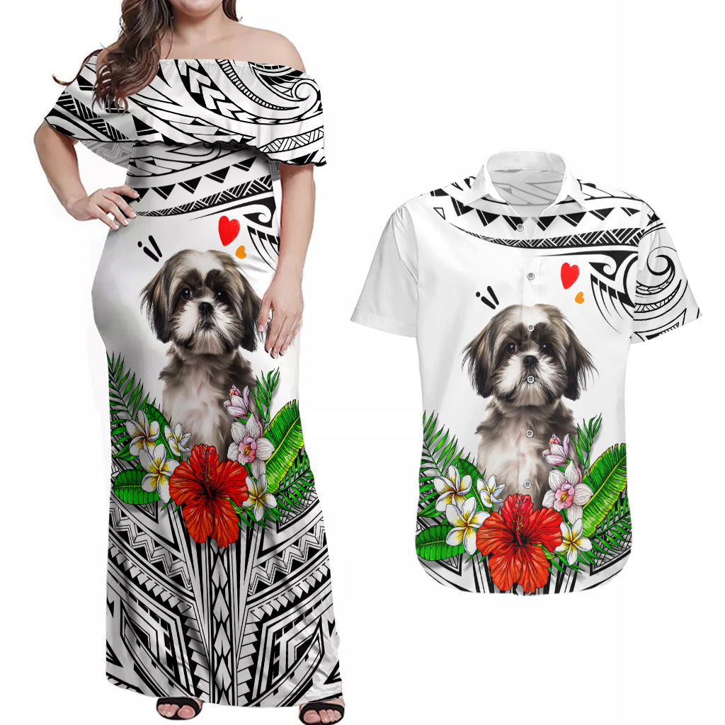 Polynesian Shih Tzu Couples Matching Off Shoulder Maxi Dress and Hawaiian Shirt Polynesian Pattern And Shih Tzu TS04 White - Polynesian Pride