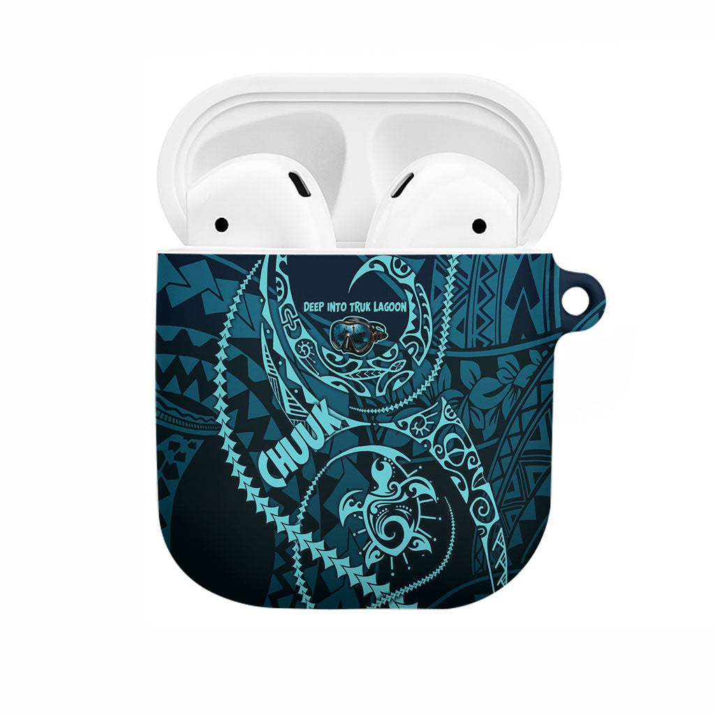 Chuuk Deep Into Truk Lagoon AirPods Case Polynesian Tribal Pattern Wreck Diving Teal Ship Art