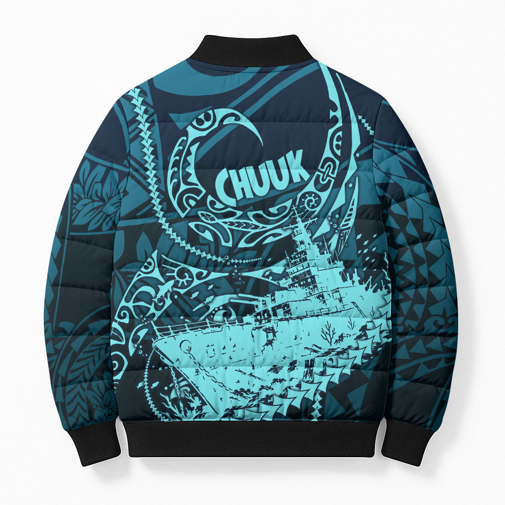 Chuuk Deep Into Truk Lagoon Bomber Puffer Jacket Polynesian Tribal Pattern Wreck Diving Teal Ship Art