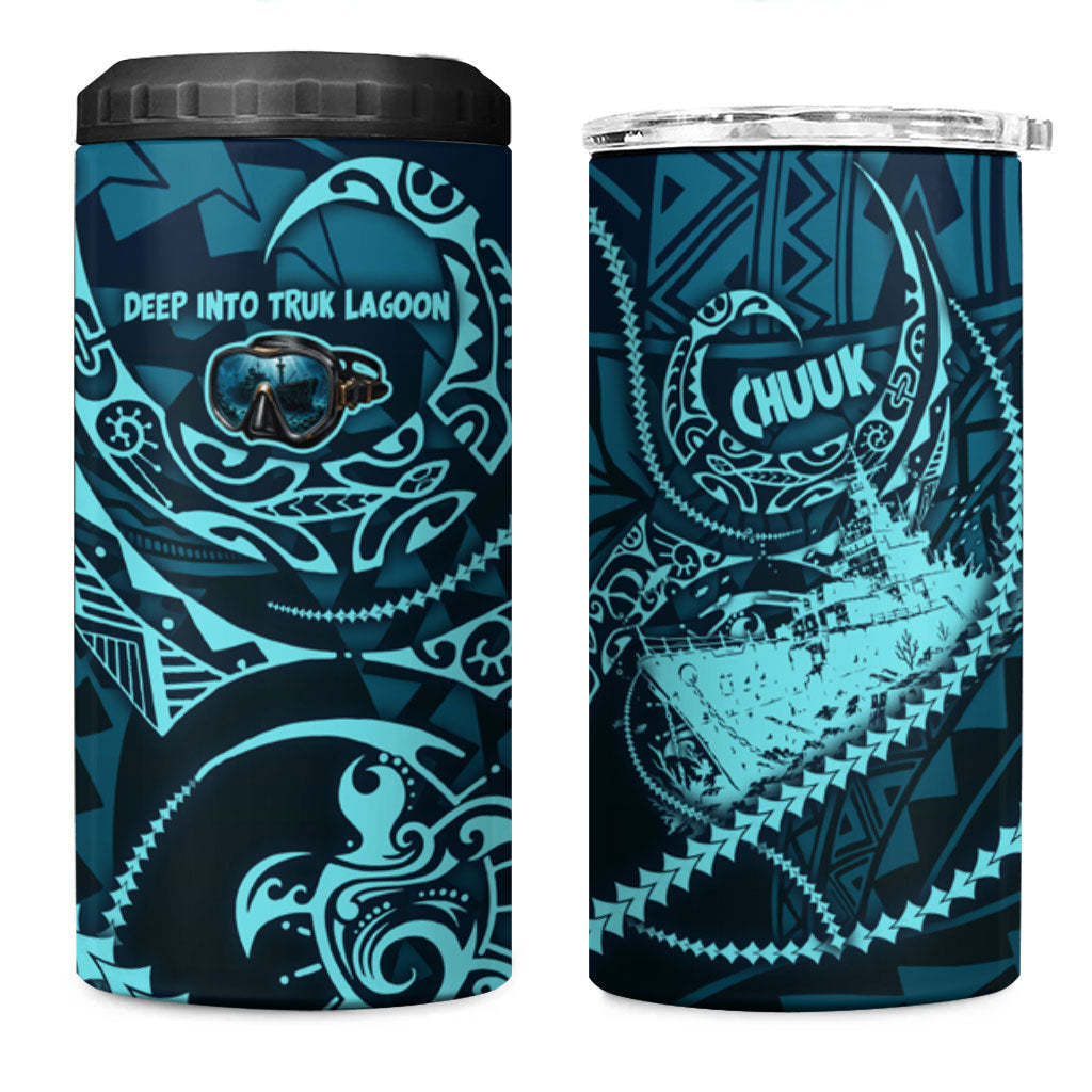 Chuuk Deep Into Truk Lagoon 4 in 1 Can Cooler Tumbler Polynesian Tribal Pattern Wreck Diving Teal Ship Art