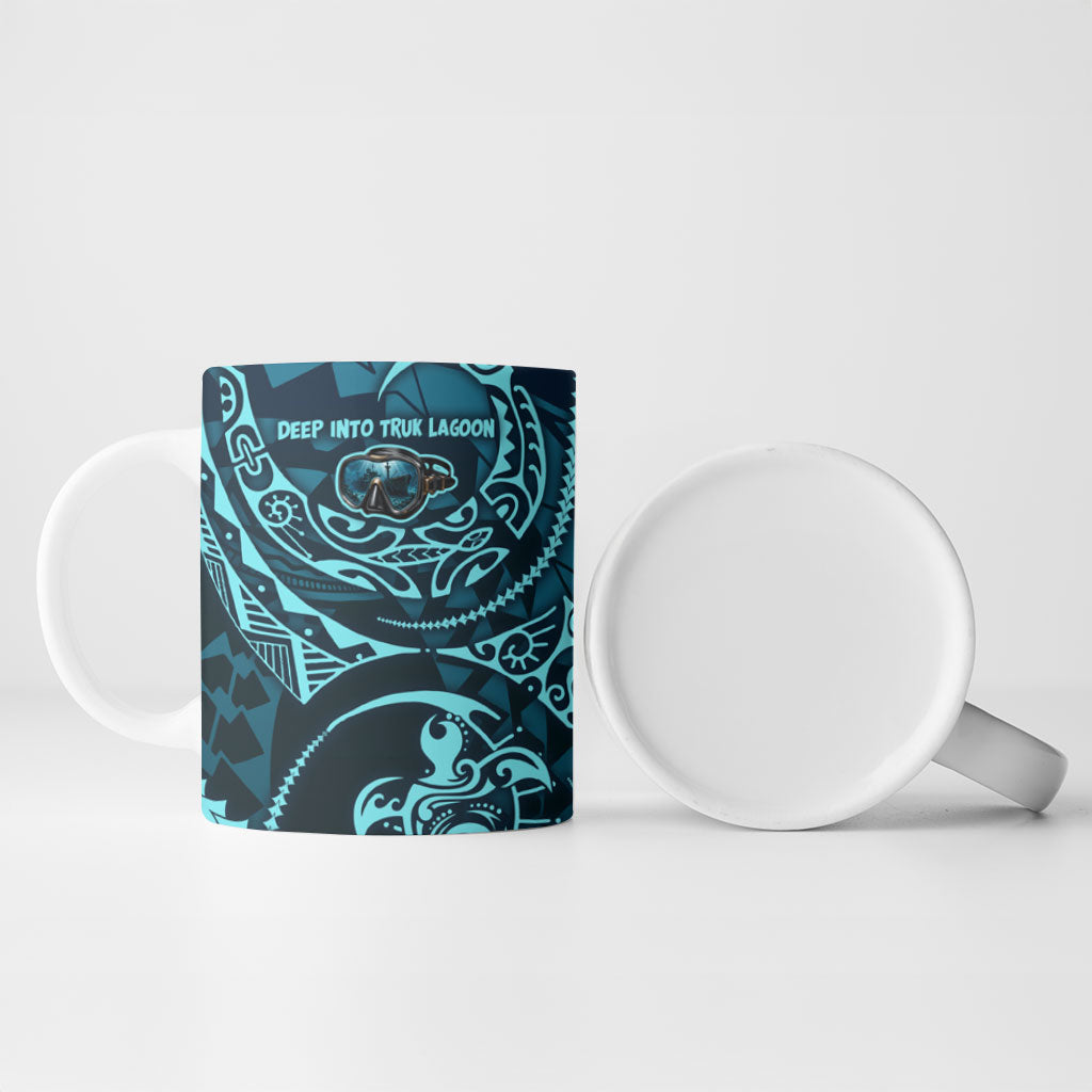 Chuuk Deep Into Truk Lagoon Ceramic Mug Polynesian Tribal Pattern Wreck Diving Teal Ship Art