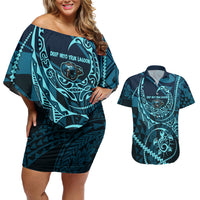 Chuuk Deep Into Truk Lagoon Couples Matching Off Shoulder Short Dress and Hawaiian Shirt Polynesian Tribal Pattern Wreck Diving Teal Ship Art
