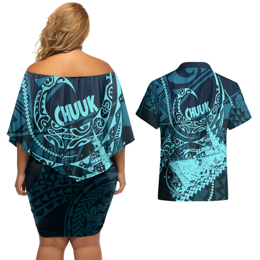 Chuuk Deep Into Truk Lagoon Couples Matching Off Shoulder Short Dress and Hawaiian Shirt Polynesian Tribal Pattern Wreck Diving Teal Ship Art