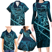 Chuuk Deep Into Truk Lagoon Family Matching Long Sleeve Bodycon Dress and Hawaiian Shirt Polynesian Tribal Pattern Wreck Diving Teal Ship Art