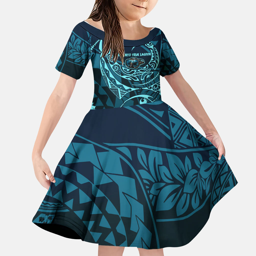 Chuuk Deep Into Truk Lagoon Family Matching Off Shoulder Short Dress and Hawaiian Shirt Polynesian Tribal Pattern Wreck Diving Teal Ship Art