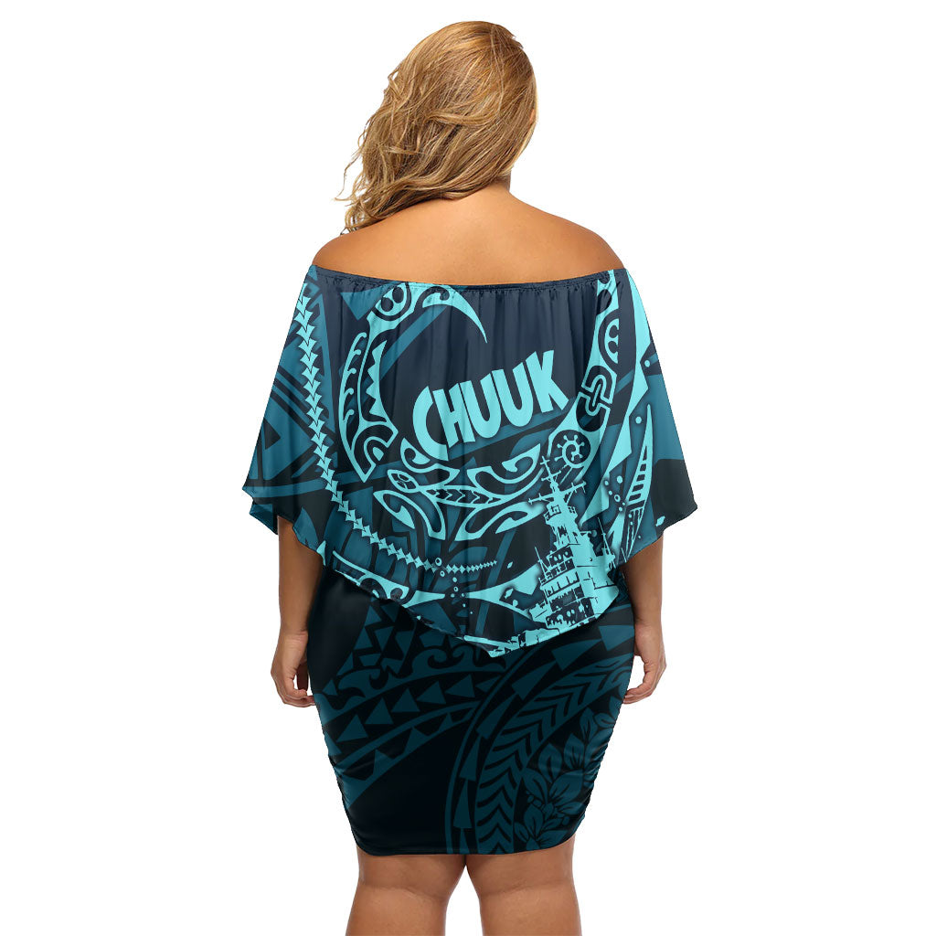 Chuuk Deep Into Truk Lagoon Family Matching Off Shoulder Short Dress and Hawaiian Shirt Polynesian Tribal Pattern Wreck Diving Teal Ship Art