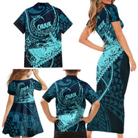 Chuuk Deep Into Truk Lagoon Family Matching Short Sleeve Bodycon Dress and Hawaiian Shirt Polynesian Tribal Pattern Wreck Diving Teal Ship Art