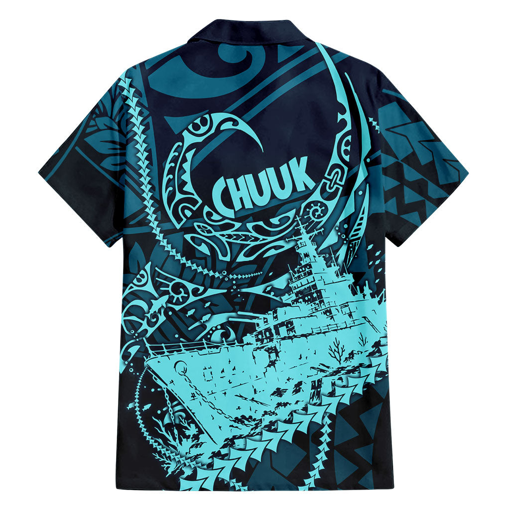 Chuuk Deep Into Truk Lagoon Family Matching Short Sleeve Bodycon Dress and Hawaiian Shirt Polynesian Tribal Pattern Wreck Diving Teal Ship Art