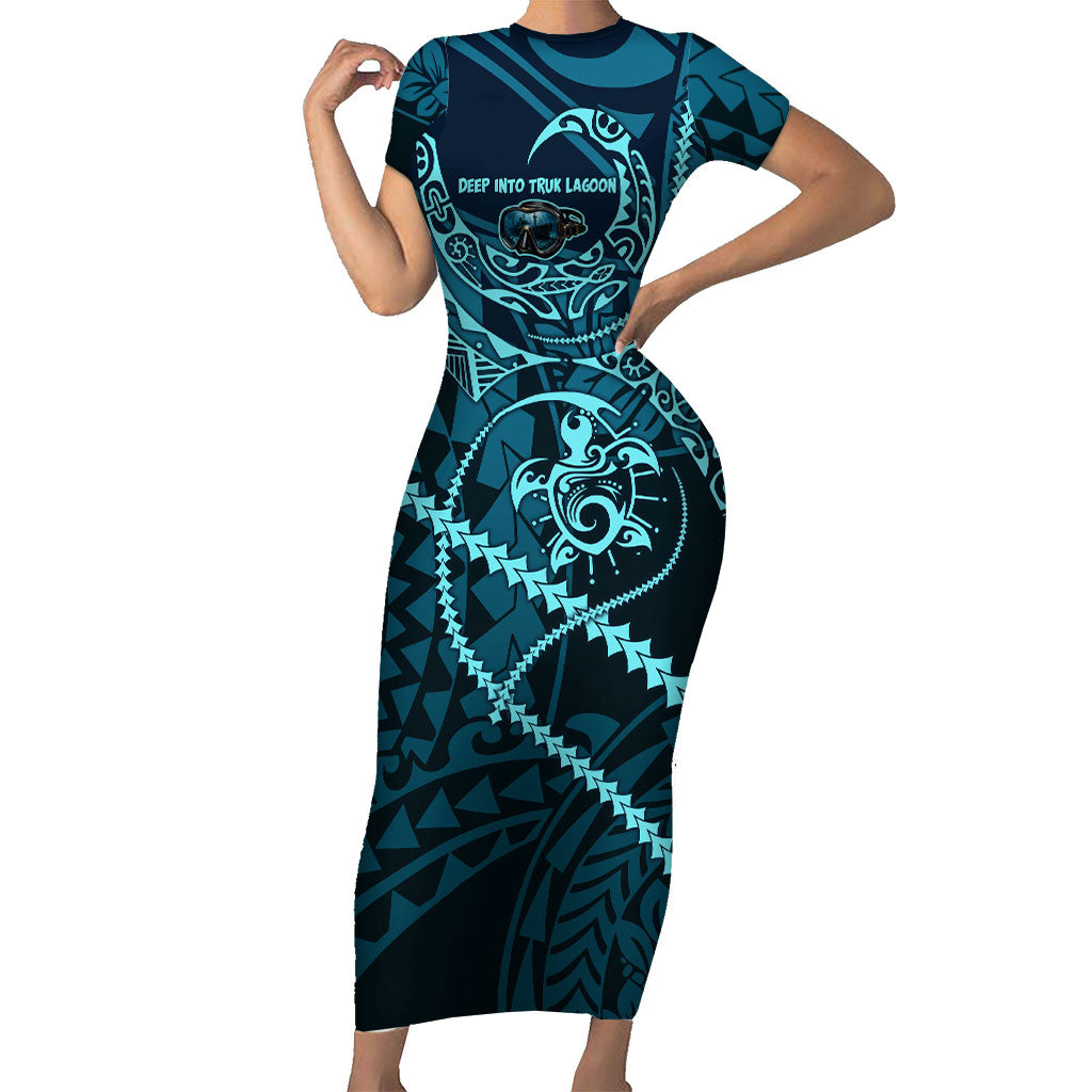 Chuuk Deep Into Truk Lagoon Family Matching Short Sleeve Bodycon Dress and Hawaiian Shirt Polynesian Tribal Pattern Wreck Diving Teal Ship Art