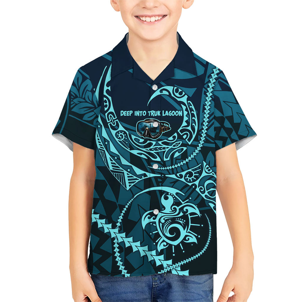 Chuuk Deep Into Truk Lagoon Family Matching Summer Maxi Dress and Hawaiian Shirt Polynesian Tribal Pattern Wreck Diving Teal Ship Art