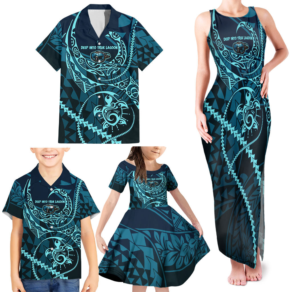 Chuuk Deep Into Truk Lagoon Family Matching Tank Maxi Dress and Hawaiian Shirt Polynesian Tribal Pattern Wreck Diving Teal Ship Art