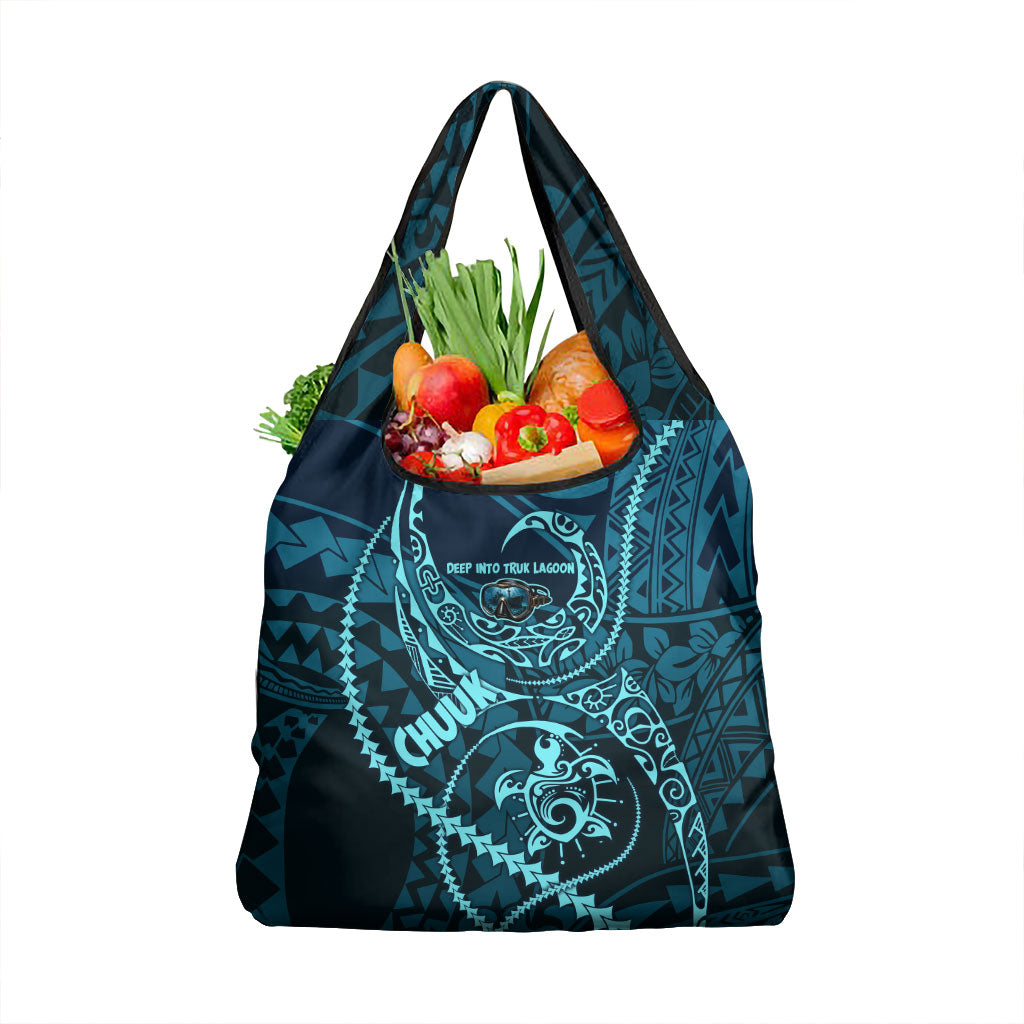 Chuuk Deep Into Truk Lagoon Grocery Bag Polynesian Tribal Pattern Wreck Diving Teal Ship Art