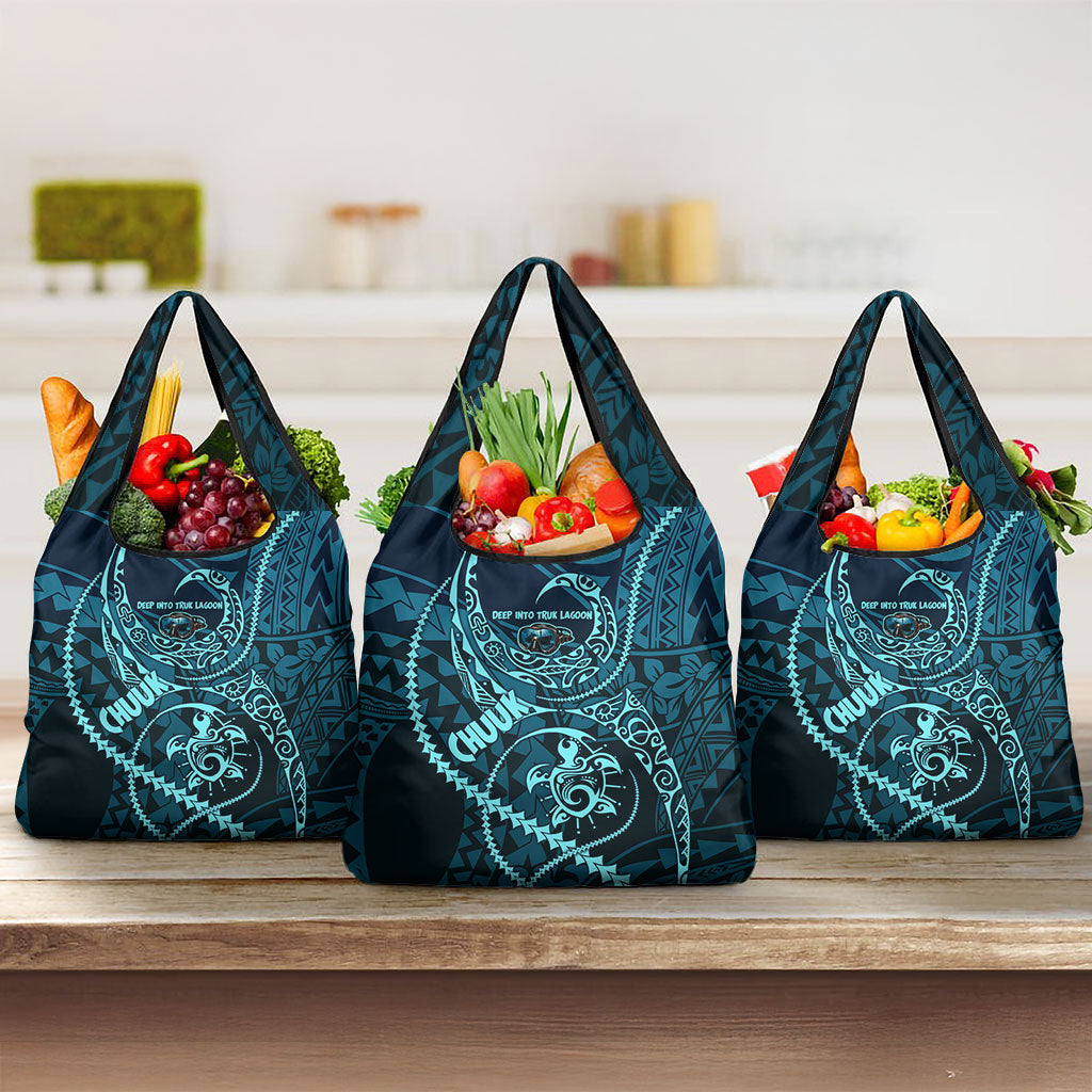 Chuuk Deep Into Truk Lagoon Grocery Bag Polynesian Tribal Pattern Wreck Diving Teal Ship Art