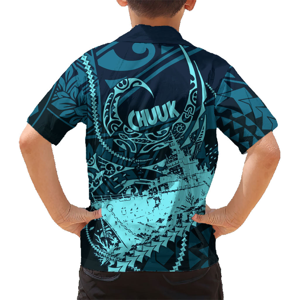 Chuuk Deep Into Truk Lagoon Hawaiian Shirt Polynesian Tribal Pattern Wreck Diving Teal Ship Art