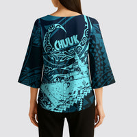 Chuuk Deep Into Truk Lagoon Kimono Sleeve Blouse Polynesian Tribal Pattern Wreck Diving Teal Ship Art