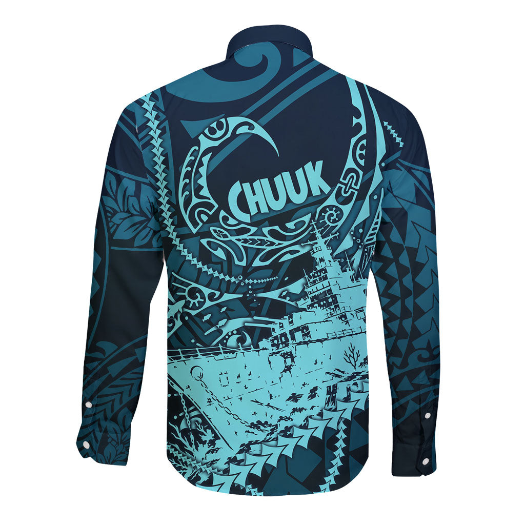Chuuk Deep Into Truk Lagoon Long Sleeve Button Shirt Polynesian Tribal Pattern Wreck Diving Teal Ship Art