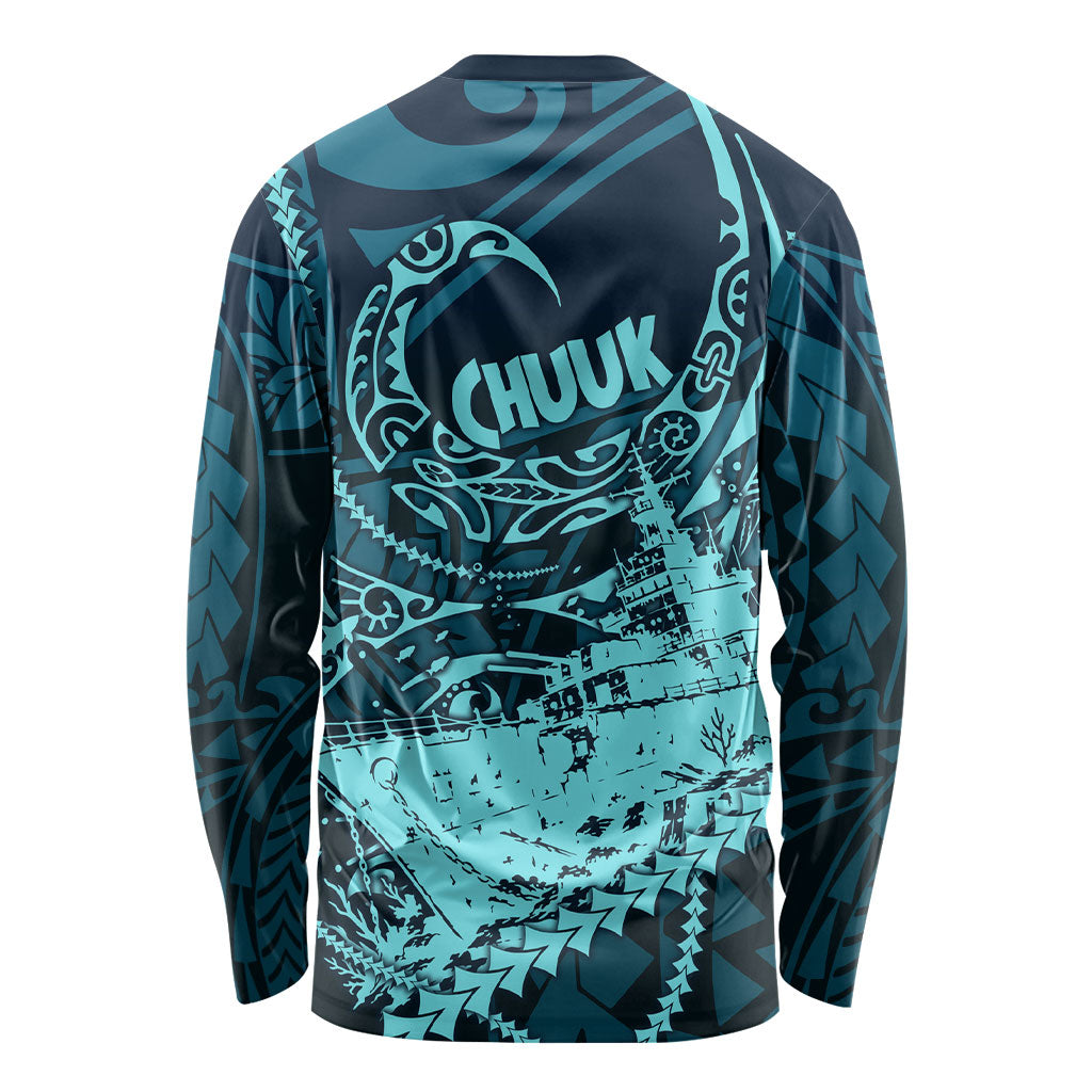 Chuuk Deep Into Truk Lagoon Long Sleeve Shirt Polynesian Tribal Pattern Wreck Diving Teal Ship Art