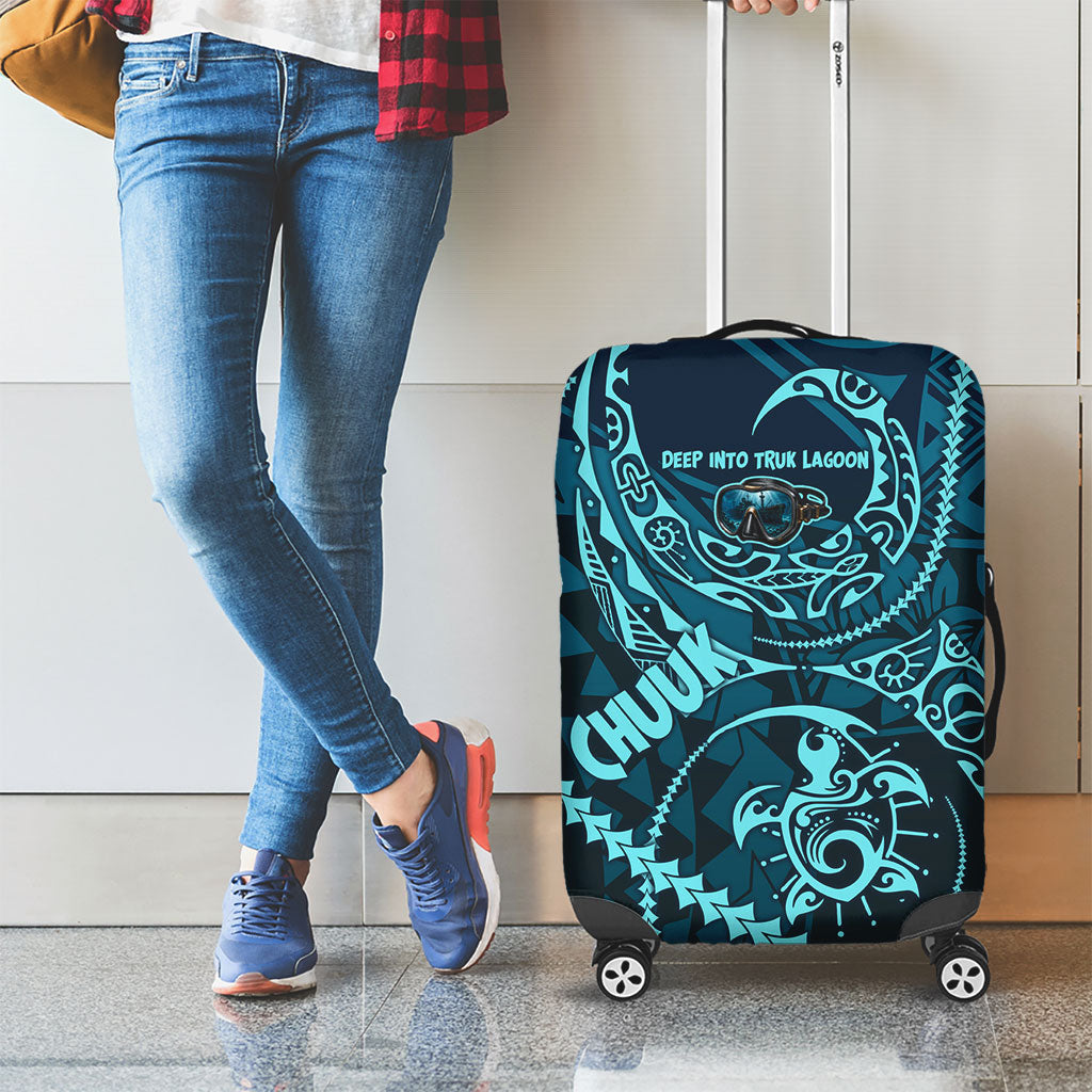 Chuuk Deep Into Truk Lagoon Luggage Cover Polynesian Tribal Pattern Wreck Diving Teal Ship Art