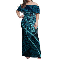 Chuuk Deep Into Truk Lagoon Off Shoulder Maxi Dress Polynesian Tribal Pattern Wreck Diving Teal Ship Art