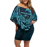 Chuuk Deep Into Truk Lagoon Off Shoulder Short Dress Polynesian Tribal Pattern Wreck Diving Teal Ship Art
