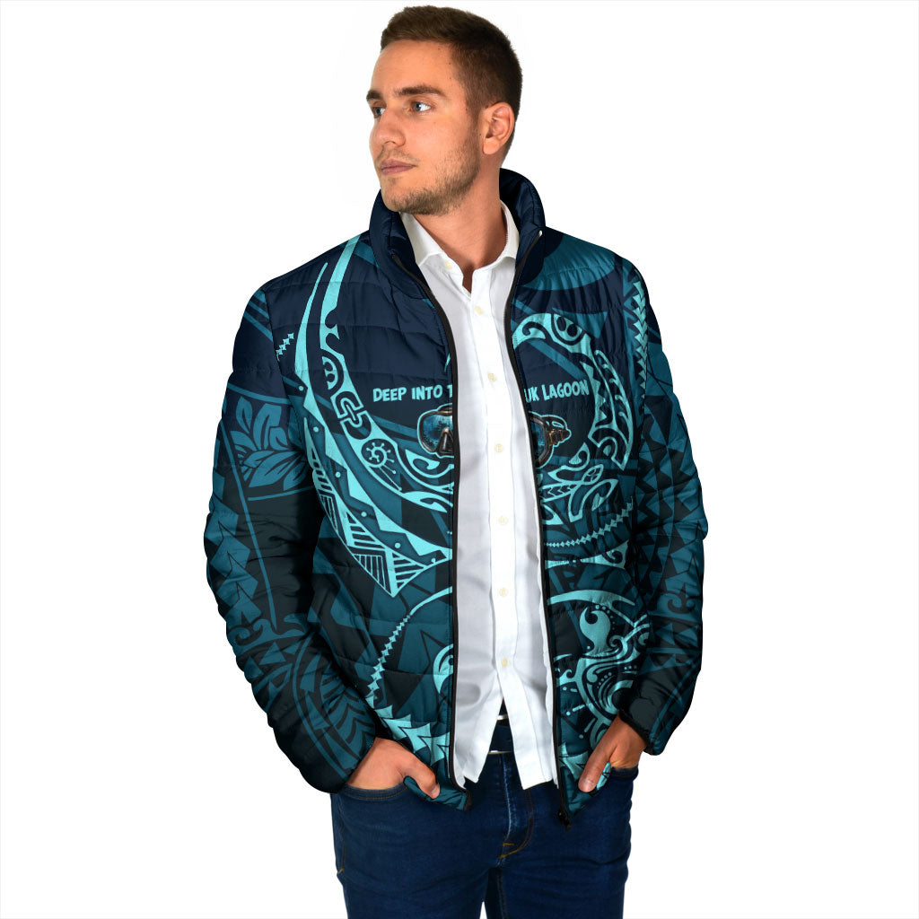 Chuuk Deep Into Truk Lagoon Padded Jacket Polynesian Tribal Pattern Wreck Diving Teal Ship Art