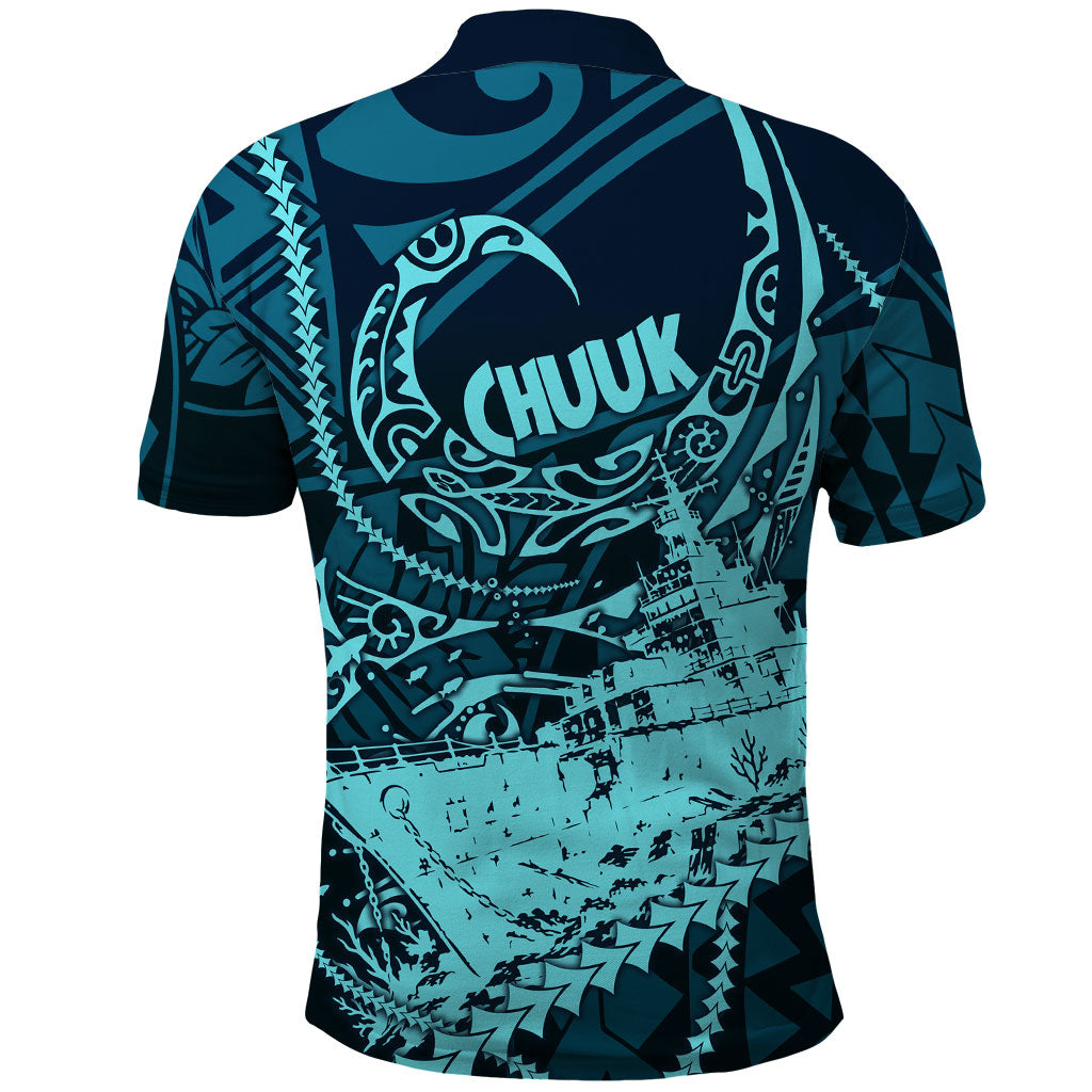 Chuuk Deep Into Truk Lagoon Polo Shirt Polynesian Tribal Pattern Wreck Diving Teal Ship Art