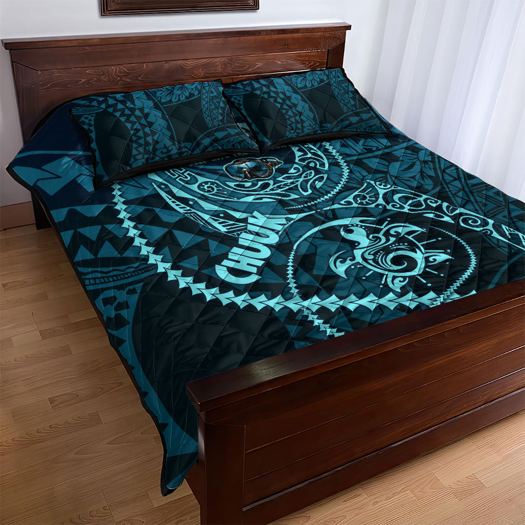 Chuuk Deep Into Truk Lagoon Quilt Bed Set Polynesian Tribal Pattern Wreck Diving Teal Ship Art