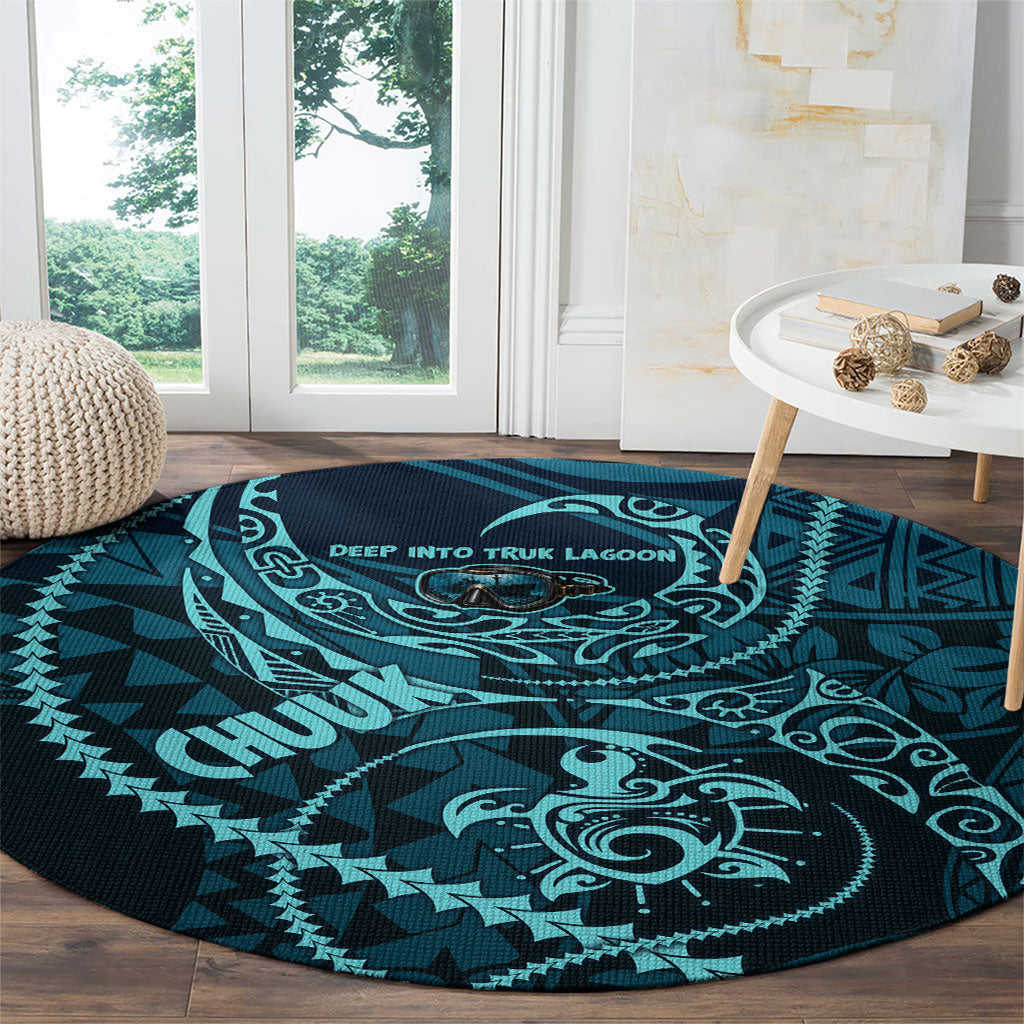 Chuuk Deep Into Truk Lagoon Round Carpet Polynesian Tribal Pattern Wreck Diving Teal Ship Art
