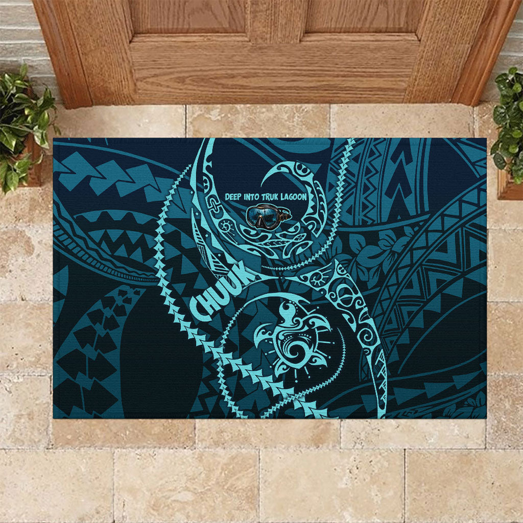 Chuuk Deep Into Truk Lagoon Rubber Doormat Polynesian Tribal Pattern Wreck Diving Teal Ship Art