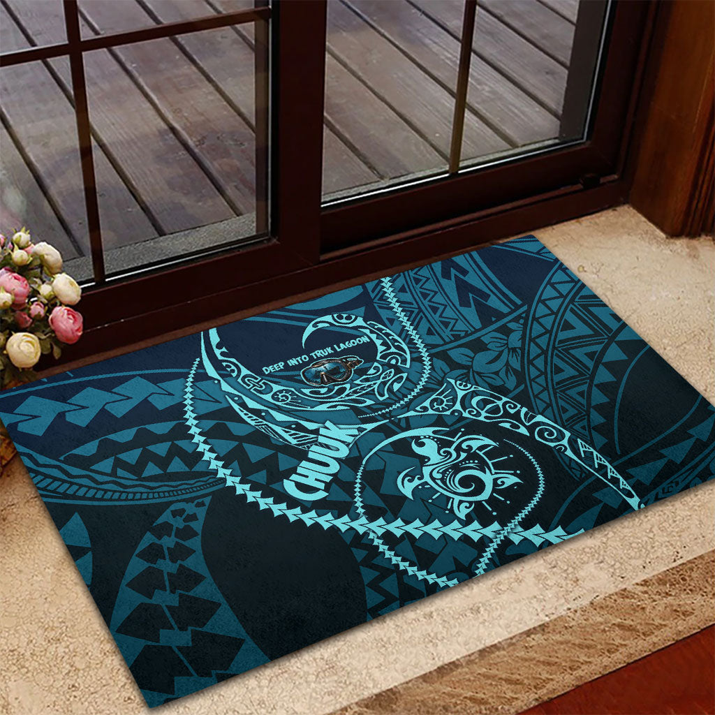 Chuuk Deep Into Truk Lagoon Rubber Doormat Polynesian Tribal Pattern Wreck Diving Teal Ship Art