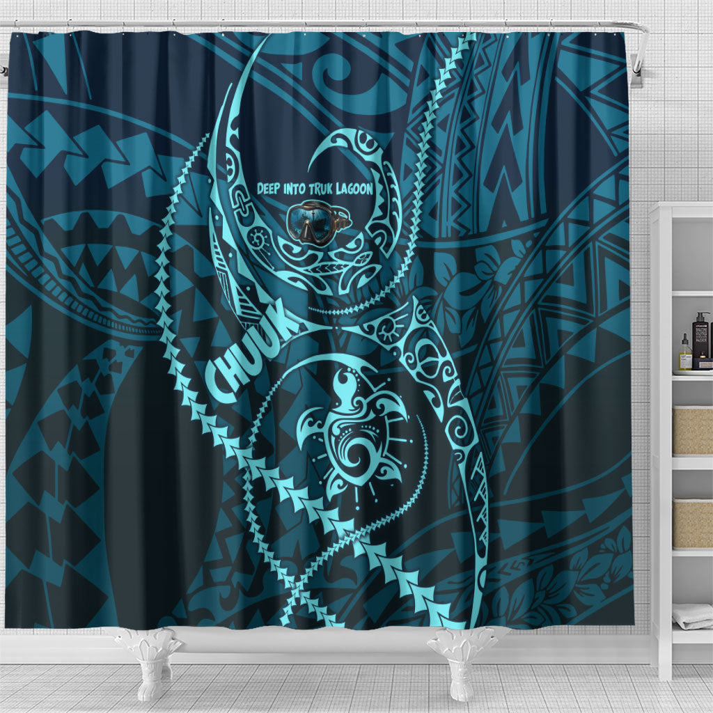 Chuuk Deep Into Truk Lagoon Shower Curtain Polynesian Tribal Pattern Wreck Diving Teal Ship Art