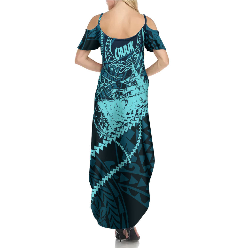 Chuuk Deep Into Truk Lagoon Summer Maxi Dress Polynesian Tribal Pattern Wreck Diving Teal Ship Art