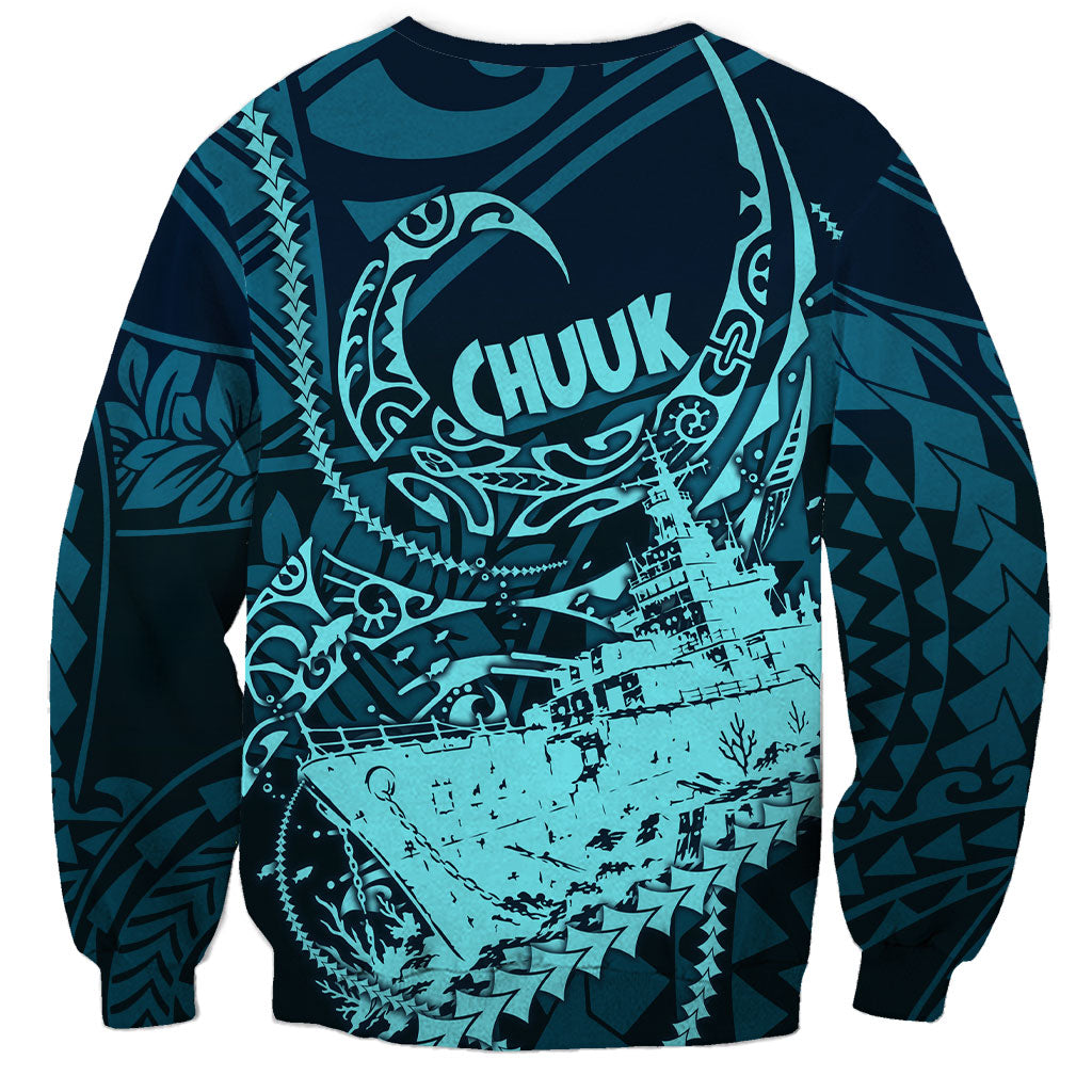 Chuuk Deep Into Truk Lagoon Sweatshirt Polynesian Tribal Pattern Wreck Diving Teal Ship Art