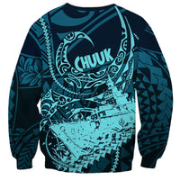 Chuuk Deep Into Truk Lagoon Sweatshirt Polynesian Tribal Pattern Wreck Diving Teal Ship Art