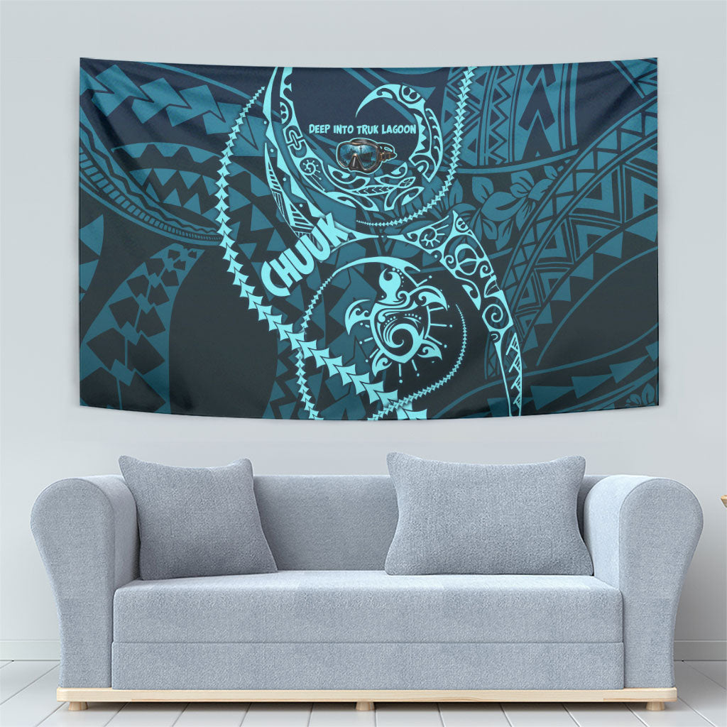 Chuuk Deep Into Truk Lagoon Tapestry Polynesian Tribal Pattern Wreck Diving Teal Ship Art
