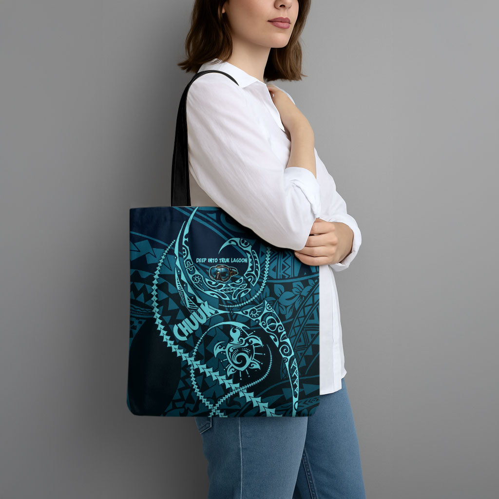 Chuuk Deep Into Truk Lagoon Tote Bag Polynesian Tribal Pattern Wreck Diving Teal Ship Art