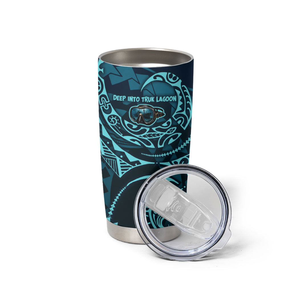 Chuuk Deep Into Truk Lagoon Tumbler Cup Polynesian Tribal Pattern Wreck Diving Teal Ship Art