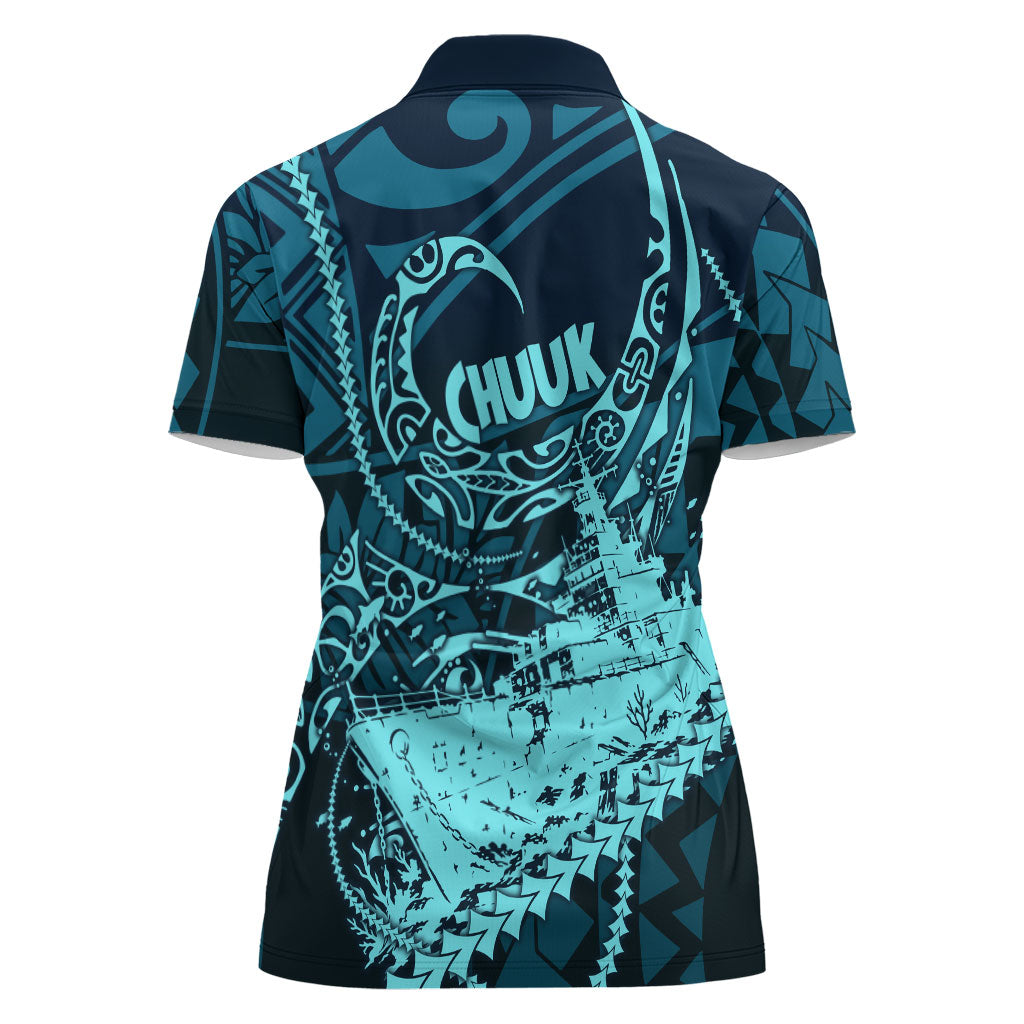 Chuuk Deep Into Truk Lagoon Women Polo Shirt Polynesian Tribal Pattern Wreck Diving Teal Ship Art