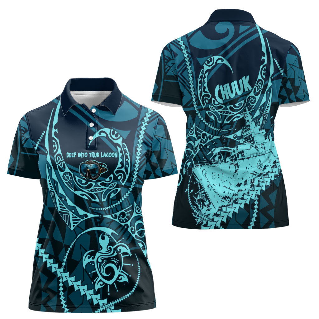 Chuuk Deep Into Truk Lagoon Women Polo Shirt Polynesian Tribal Pattern Wreck Diving Teal Ship Art
