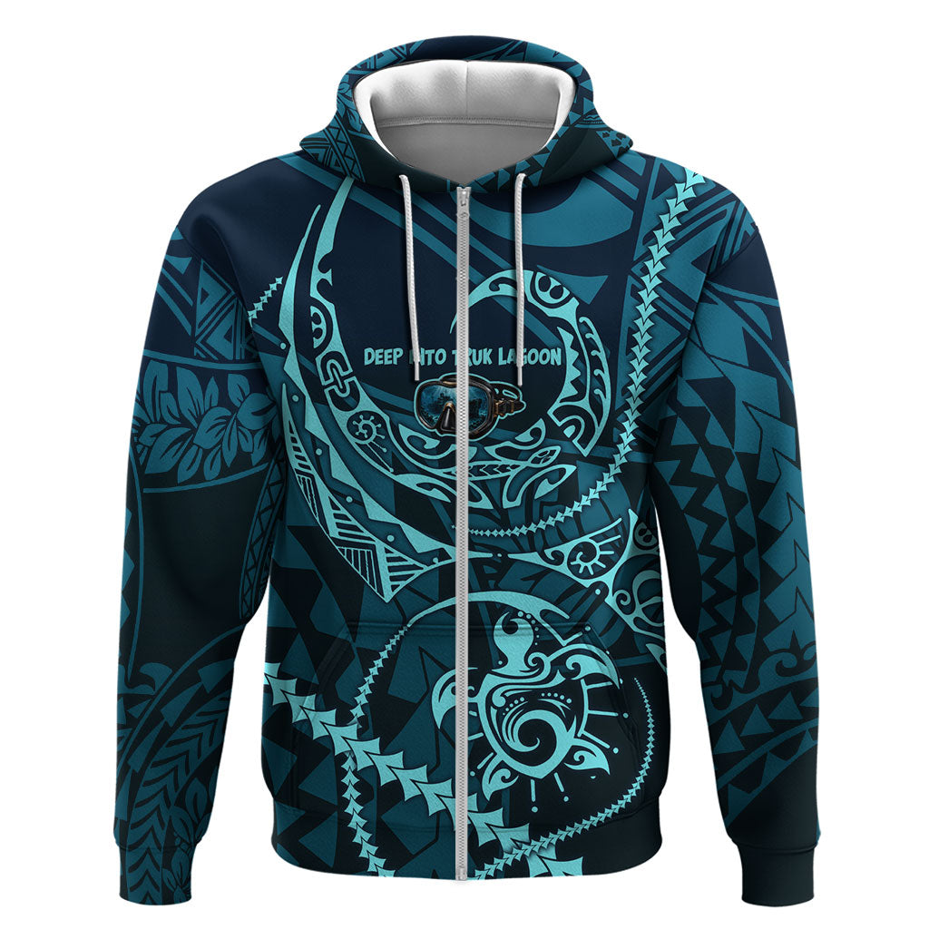 Chuuk Deep Into Truk Lagoon Zip Hoodie Polynesian Tribal Pattern Wreck Diving Teal Ship Art