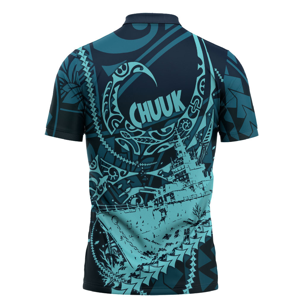 Chuuk Deep Into Truk Lagoon Zipper Polo Shirt Polynesian Tribal Pattern Wreck Diving Teal Ship Art