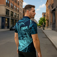 Chuuk Deep Into Truk Lagoon Zipper Polo Shirt Polynesian Tribal Pattern Wreck Diving Teal Ship Art