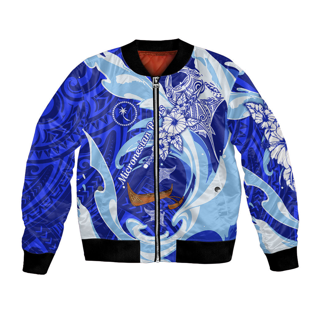 Chuuk Micronesian Roots Bomber Jacket Polynesian Tribal Pattern Hibiscus Flower And Stingray Art