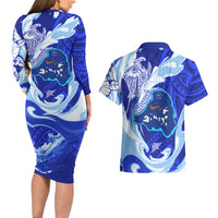 Chuuk Micronesian Roots Couples Matching Long Sleeve Bodycon Dress and Hawaiian Shirt Polynesian Tribal Pattern Hibiscus Flower And Stingray Art