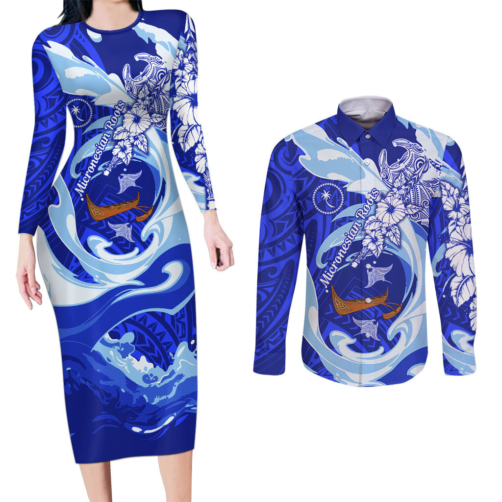 Chuuk Micronesian Roots Couples Matching Long Sleeve Bodycon Dress and Long Sleeve Button Shirt Polynesian Tribal Pattern Hibiscus Flower And Stingray Art