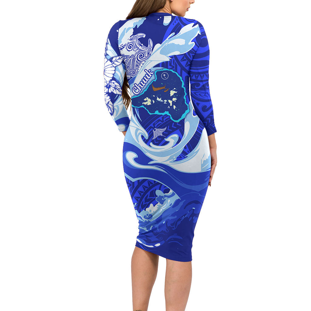 Chuuk Micronesian Roots Family Matching Long Sleeve Bodycon Dress and Hawaiian Shirt Polynesian Tribal Pattern Hibiscus Flower And Stingray Art